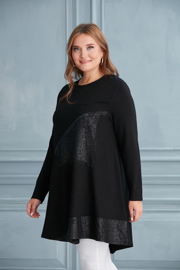 Tunique noire longue évasée motif noir mat