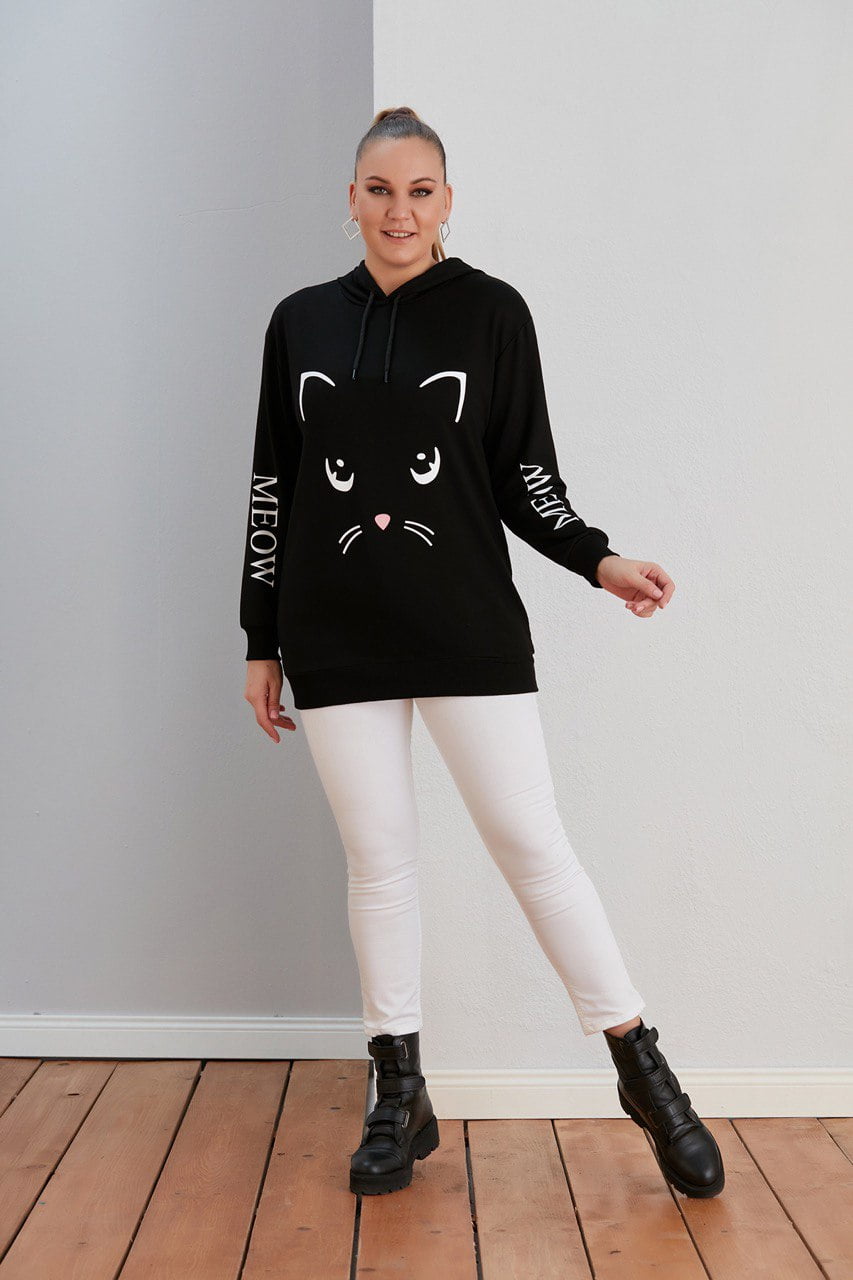 Sweat noir capuche chat meow