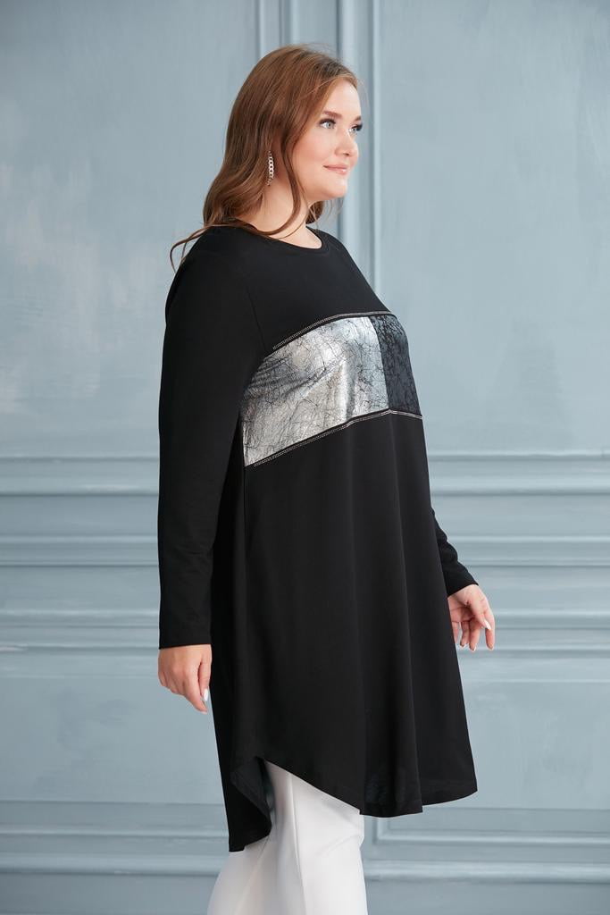 Tunique noire longue évasée motif argent